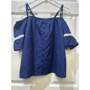 Rockin C Navy Blue Cold Shoulder Textured Button Front Bell Sleeve Top Western